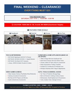 FINAL WEEKEND: Moving Sale Clearance at 10209 28th Dr. SE
