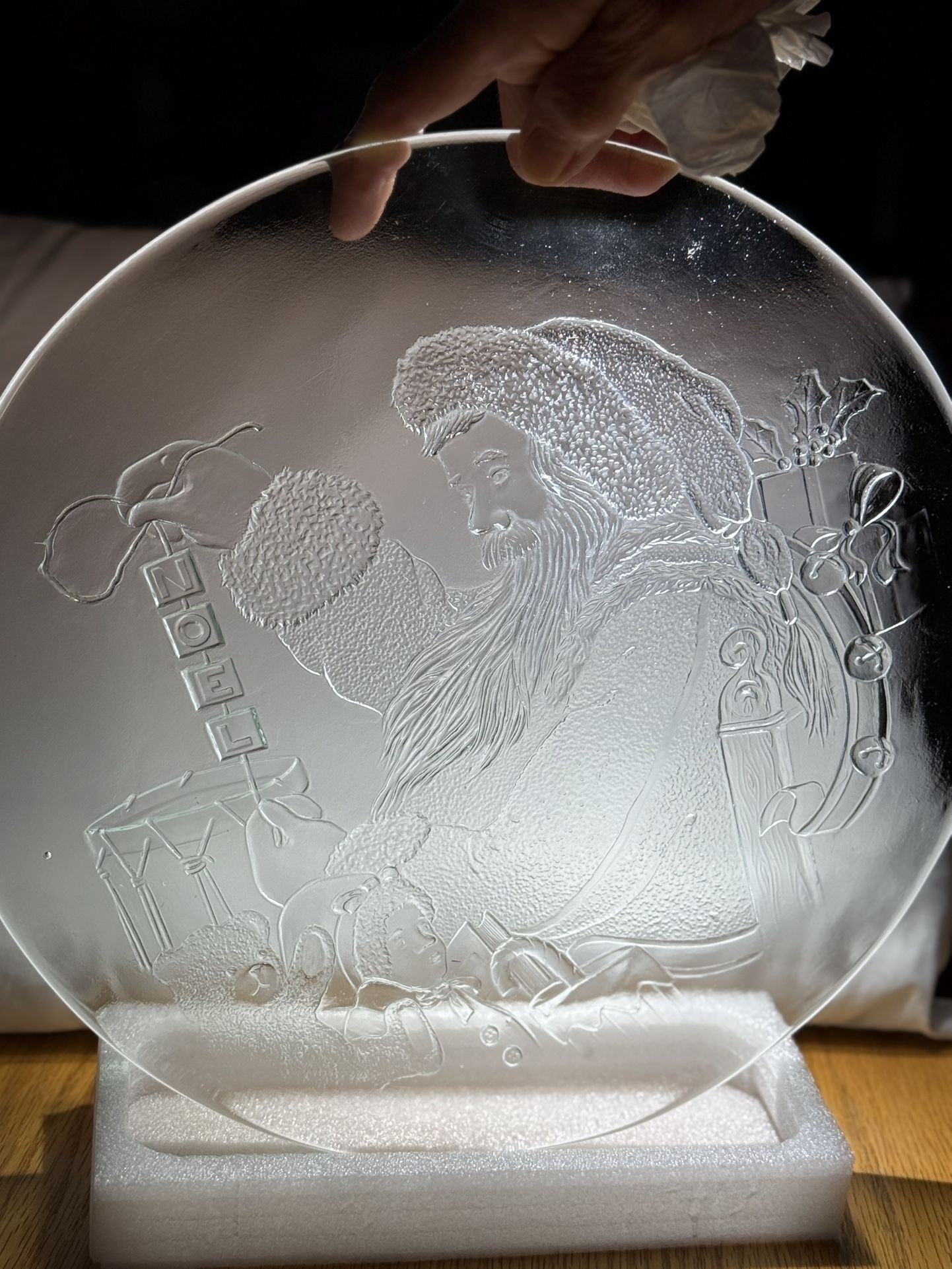 Santa NOEL Libbey Vintage Clear Glass Round Christmas Platter Embossed