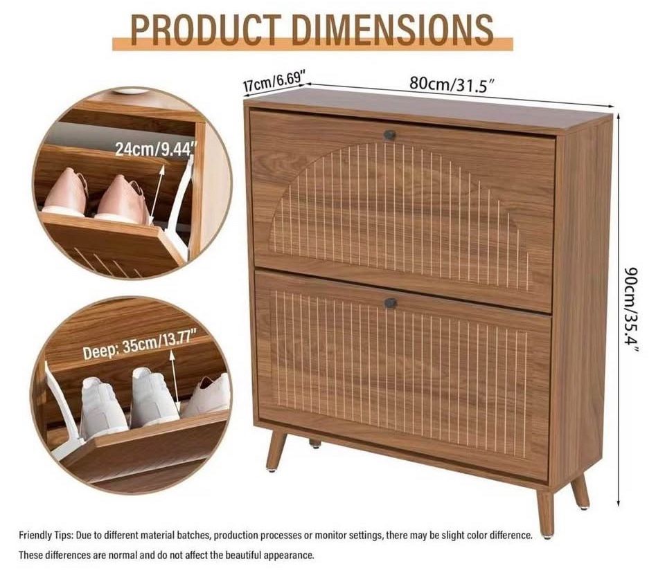 🥨Shoe Storage Cabinet for Entryway with 2 Flip Drawers, Narrow Wood Shoe Cabinet with Fluted Panel, Freestanding Hidden Shoe Organizer