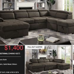 Brown sectional sleeper with removable storage ottoman