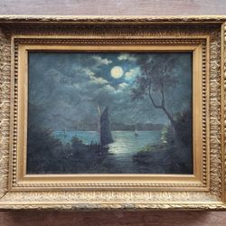 Antique "American School" Painting / Moonlight