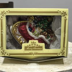 Santas Christmas Sleigh Mouth-Blown Hand-Painted Glass Ornament Made in Poland
