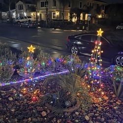 2 METAL FRAMED LIGHTED OUTDOOR CHRISTMAS TREES