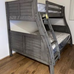 Twin Full Size Grey Bunkbed W Orthopedic Mattress 