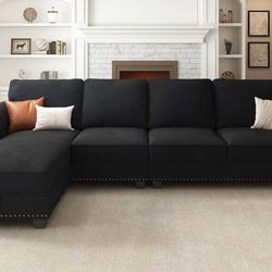  L Shaped Sectional Couch Convertible Sofa Couch with Reversible Chaise 4 Seater Sofa for Small Space, Black