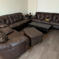 Brown Leather Couch Set-2 Couches, Captain Chair, Coffee Table And TV Stand