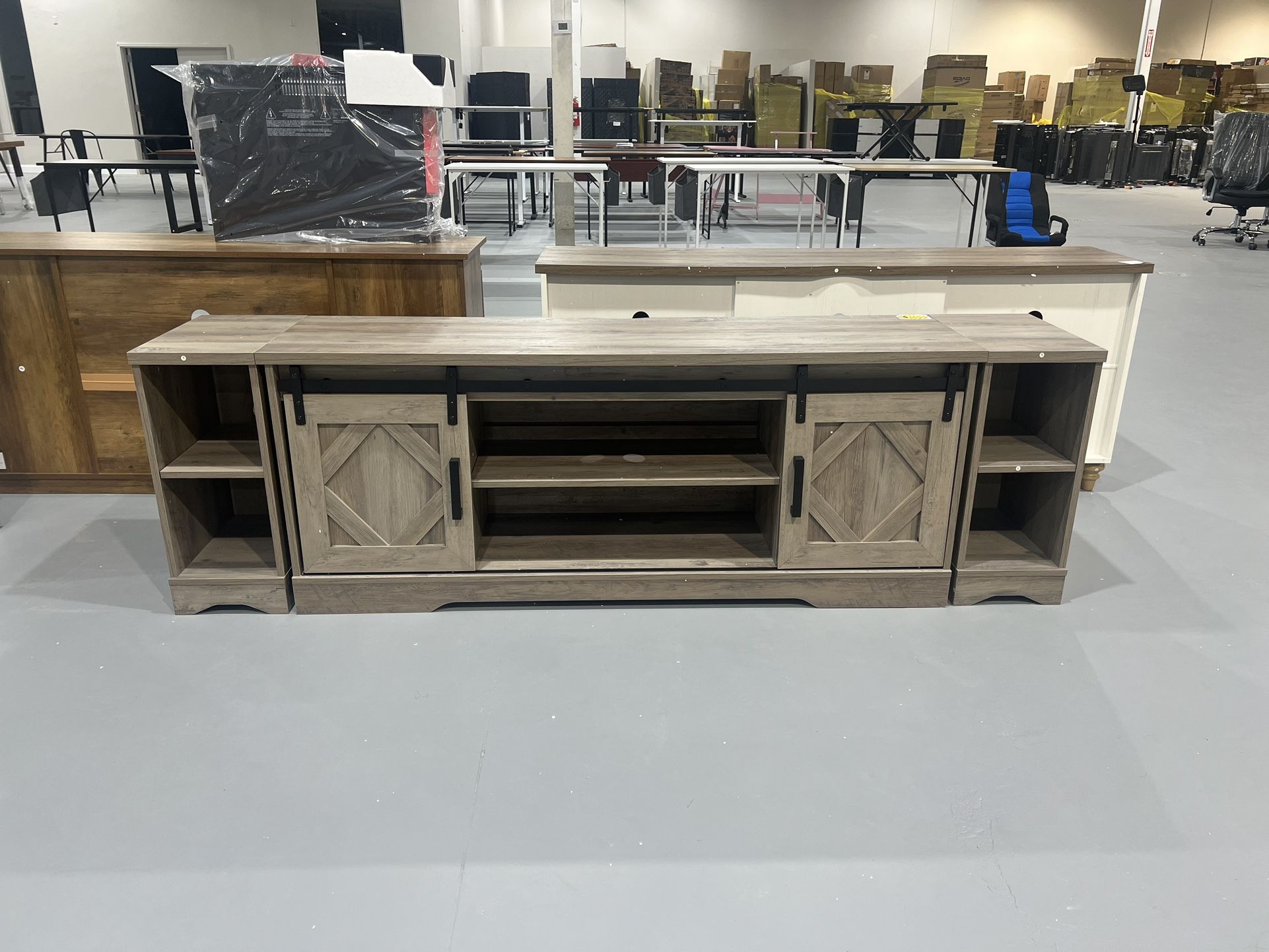 (morrow) New WAMPAT Modern Farmhouse 3 in 1 TV Stand for up to 85" TVs Wood Entertainment Center with Sliding Barn Door and Adjustable Media Storage S