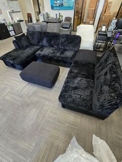 Black Corduroy Sectional Sofa with Ottoman
