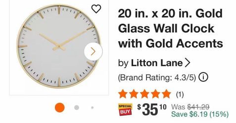 Litton Lane 20 in. x 20 in. Gold Glass Wall Clock with Gold Accents