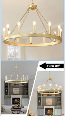 Gold Wagon Wheel Chandelier Farmhouse 35 Inch, 12-Light Modern Gold Chandelier new in box