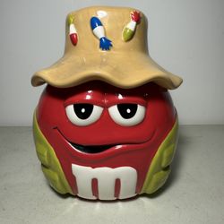 Vintage M&M Red Fly Fisherman w/ Hat Ceramic Candy/Cookie Jar w/ Lid - Canister