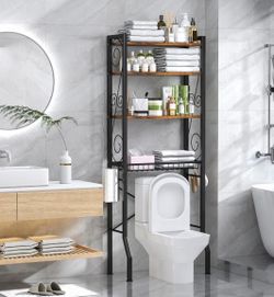 4 Tier Over The Toilet Storage Rack, Bathroom Organizer Shelf with Basket, Adjustable Shelves, Freestanding Space Saver for Small Bathrooms