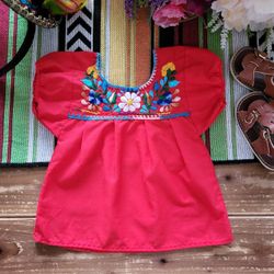 12MOS MEXICAN CULTURAL RED MULTICOLOR EMBROIDERED FLORAL COTTON TUNIC