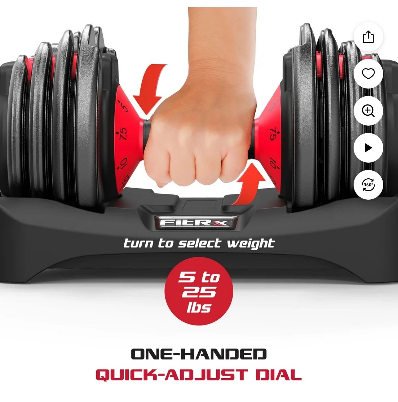FitRx SmartBell, 25lbs. Quick-Select 9 in 1 Adjustable Dumbbell Set for Home Gym, 5-25lbs. Weight in 2.5lbs Increments