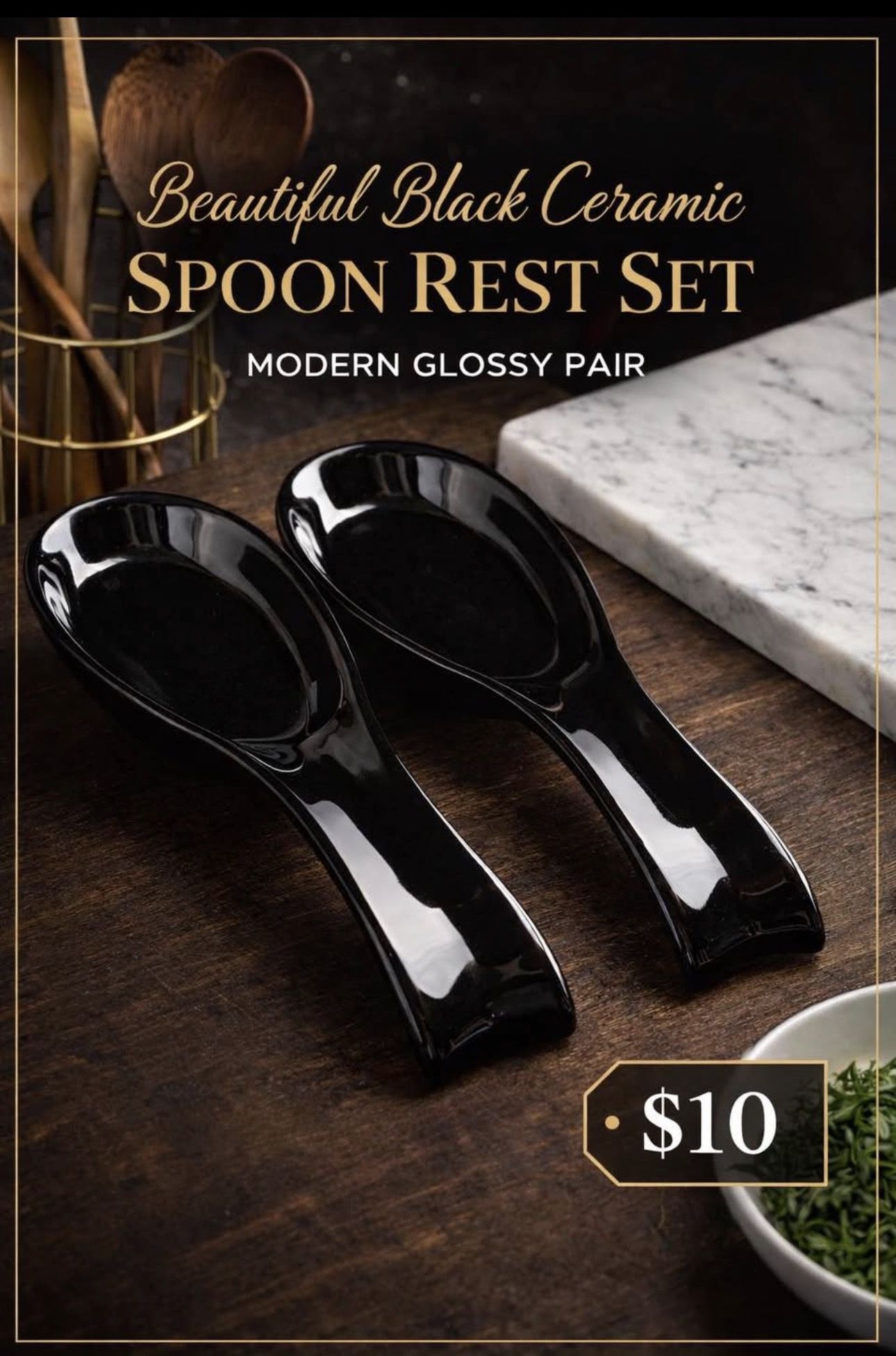 Beautiful Black Ceramic Spoon Rest Set Kitchen Utensil Holder Modern Glossy Pair