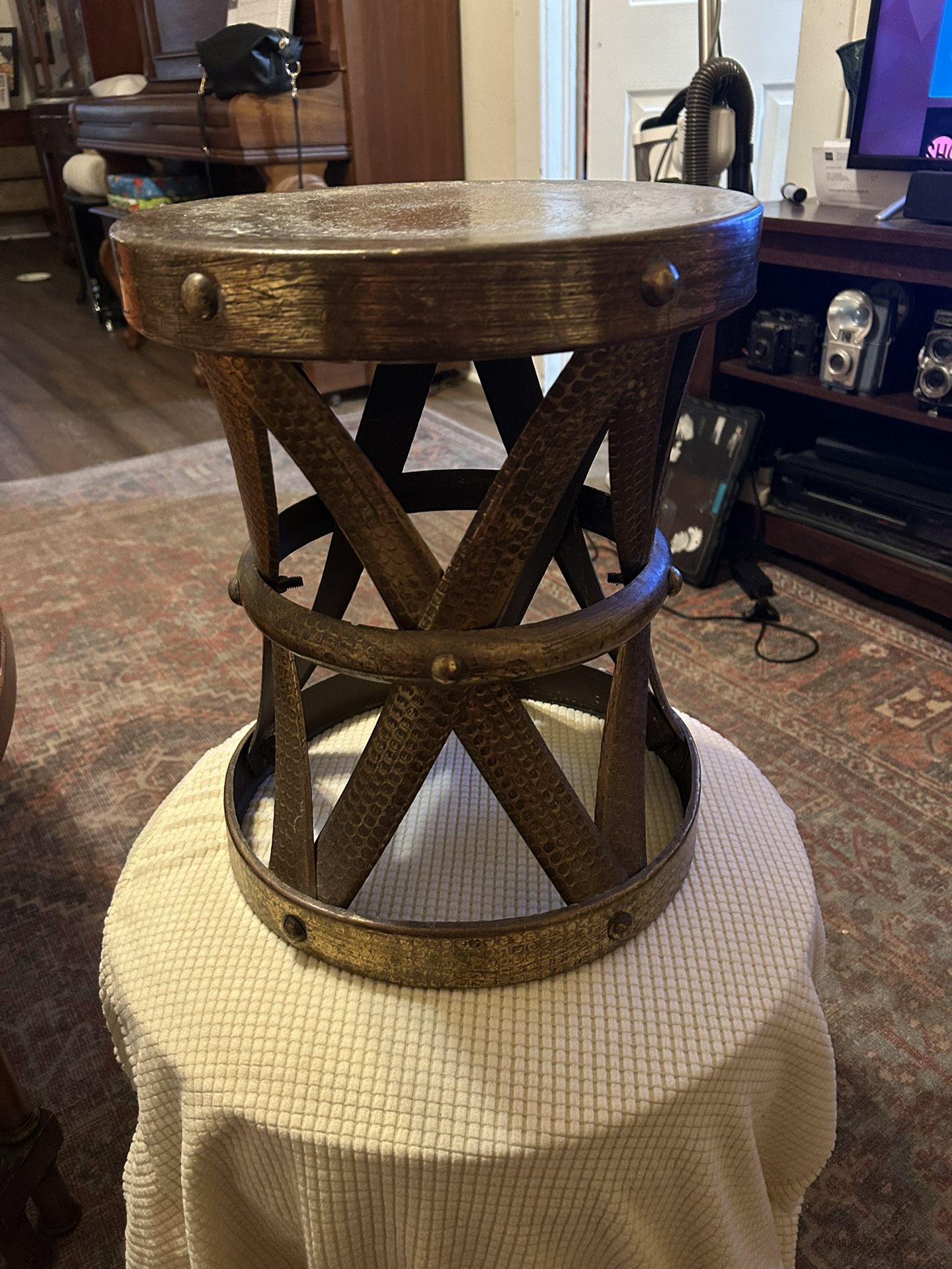 Classic Midcentury Hammered Brass Side Table/Stool with Well Worn Patina on the Seat: