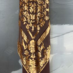 Vtg Chicas Women's Cowl Neck Mermaid Brn Dress/Gown w/Gold Emblem Overlays Sz XL