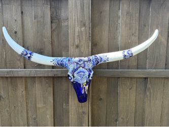 Mexican Talavera Blue Longhorn Skull Wall Décor, Pottery, Planter.