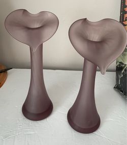 Purple Frosted Glass Jack In The Pulpit Vases Pair Ribbed Candlesticks