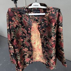 Robert Louis Silk Blend Floral Blouse Black Red Gold Embroidered Long Sleeve M