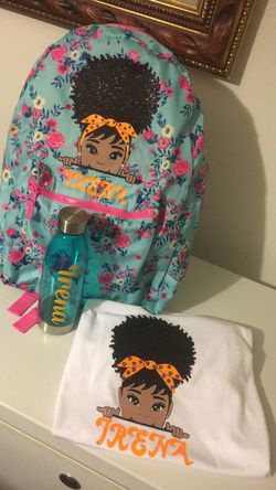 Custom backpack with matching shirt and water bottle