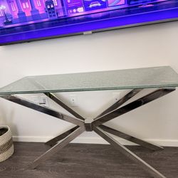 Designer Console Table – “Cracked Ice” Glass Top, Chrome X-Base (Luxury)