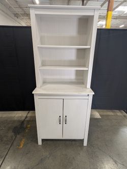Distressed White Wood Hutch Bookshelf with Storage Cabinet