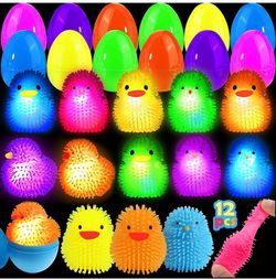 12 Pack Easter Eggs Filled with LED Chick Puffer Balls, Easter Basket Fillers with Light Up Stress Relief Fidget Toys, Filled Easter Eggs for Easter H