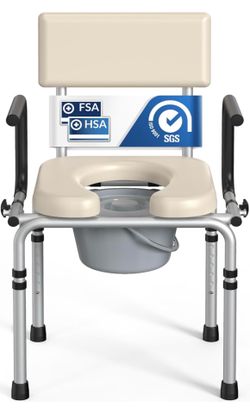 Drop Arm Bedside Commode, Commode Toilet with Padded Seat and Backrest, 400lbs Capacity, 6.3QT Removable Bucket and Splash Guard, Adjustable Height Po