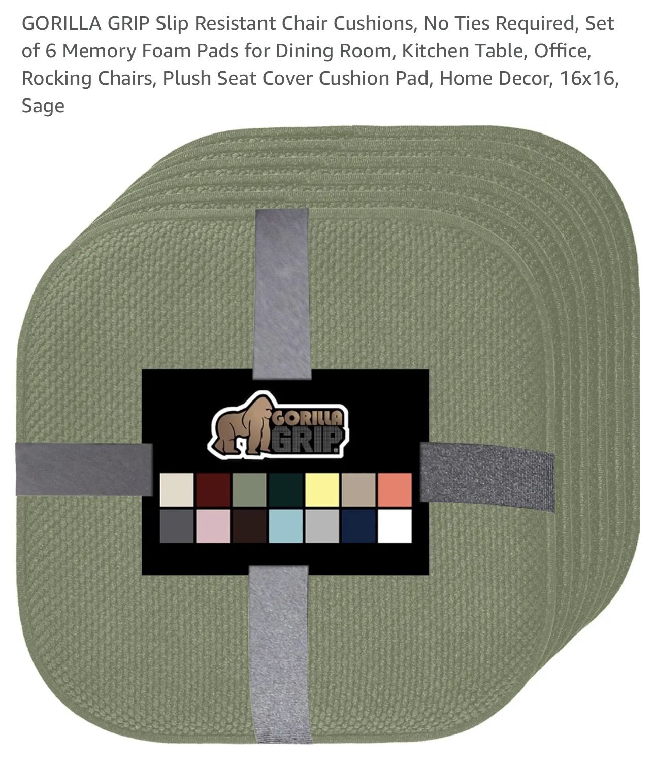 GORILLA GRIP Slip Resistant Chair Cushions, No Ties Required, Set of 6 Memory Foam Pads for Dining Room, Kitchen Table, Office, Rocking Chairs, Plush