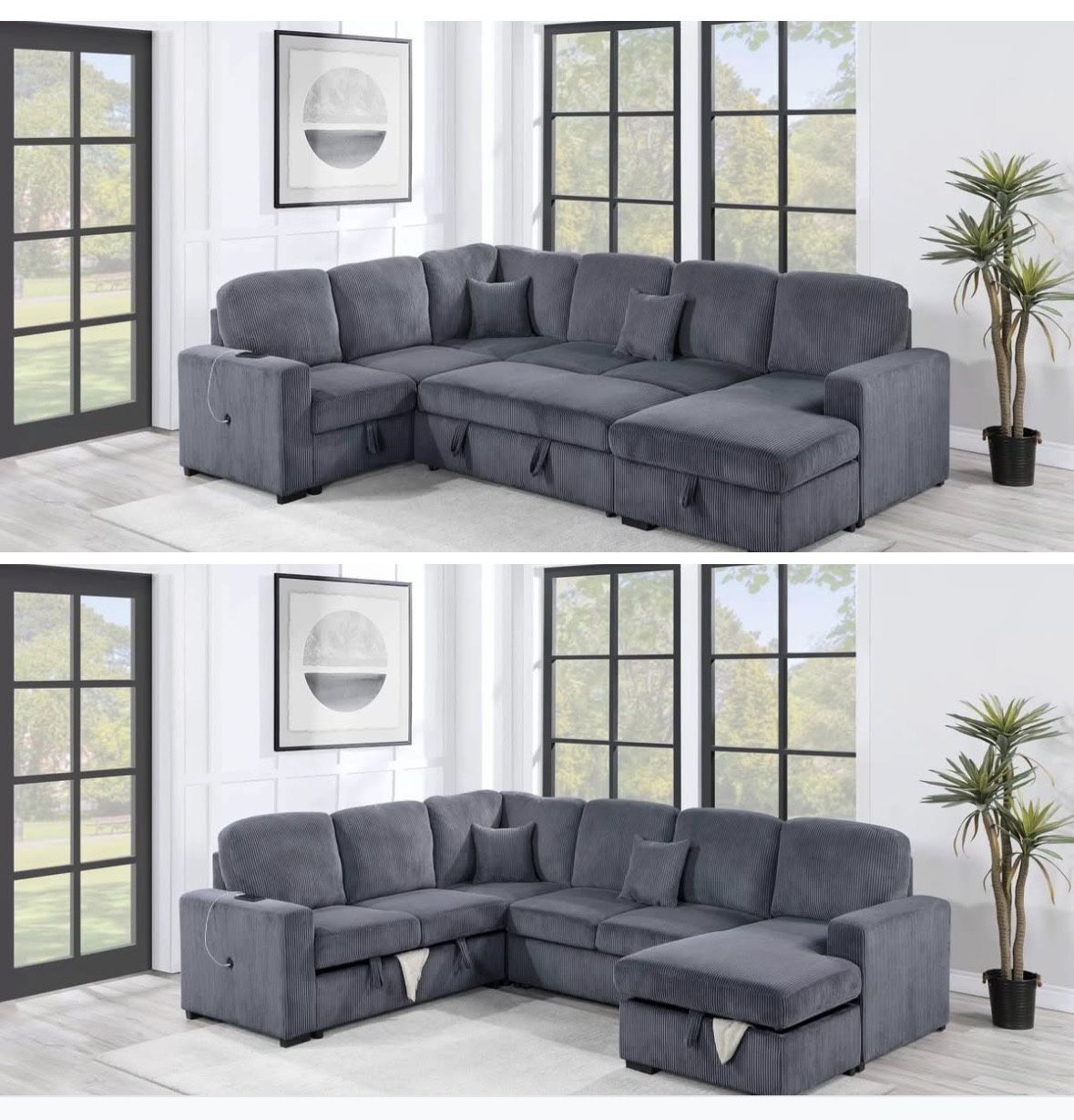 $649-4Piece Convertible Sectional Sleeper Sofa ,Chaise Storage ,Sofa Storage & USB Ports 98” x 103” x 61” x36”H