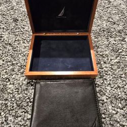 VNT Nautica Trifold Leather Wallet & Wooden Passcase Case Box Velvet NIB