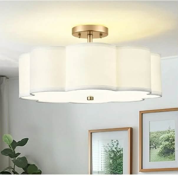 New Widluth Modern Semi Flush Mount Ceiling Light 18" Modern Gold Drum Ceiling Lighting Fixture with Linen Shade Vintage Ceiling Lamp for Living Room,