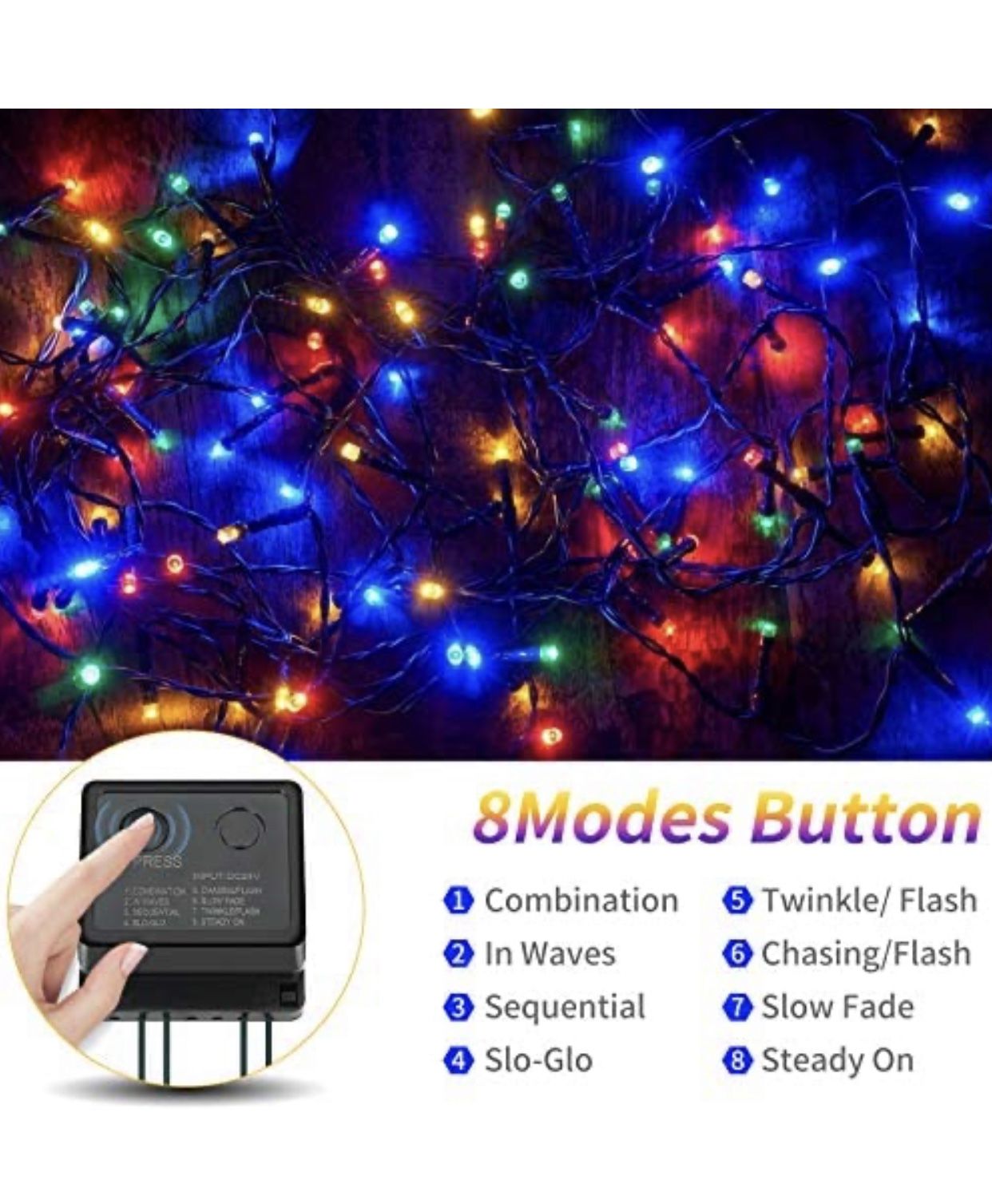 Waterproof LED Outdoor Christmas String Lights, LED UL Certified 8 Modes with End-to-End Plug, Indoor & Outside Fairy Light for Christmas Tree, Patio,