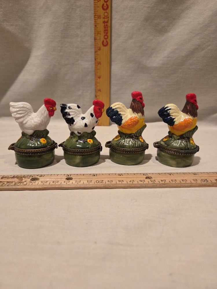 Rooster π/chicken VTG hinged trinket boxes-lot of 4