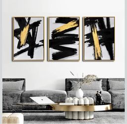 NEW Artwork - Abstract Black and Gold Wood Framed Canvas Set of 3