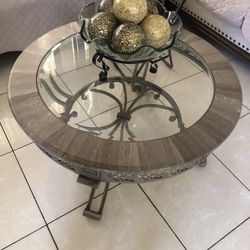2 Round Gray Metal Accent Tables with Glass Top, Gray 
