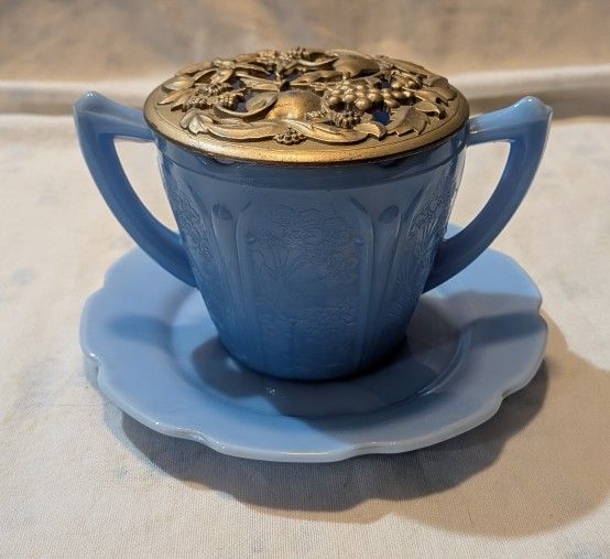 Vintage Delphite Jeanette Cup And Saucer With Metal Top Periwinkle Blue.