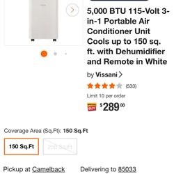 Vissani 5,000 BTU 115-Volt 3-in-1 Portable Air Conditioner Unit Cools up to 150 sq. ft. with Dehumidifier and Remote in White