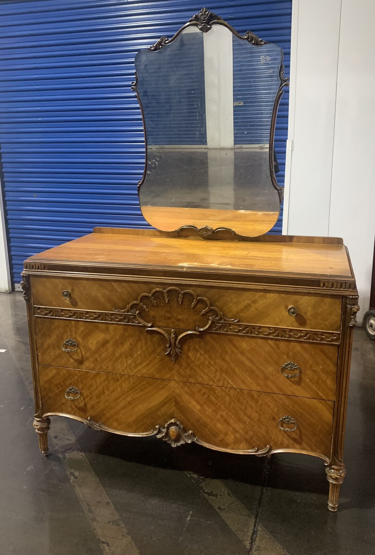 Antique Carved Walnut & Burl Dresser w/ Mirror, 1930’s Williamsport Furniture Company