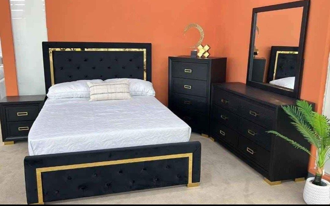 AP🎉 Black Velvet Bedroom Set/ Bed , Nightstand Dresser And Mirror// Fast Delivery & Financing