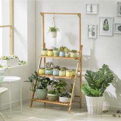 Bamboo Foldable Flower Plant Rack - A Frame Stand Shelf - with Top Hanging Rod - 3 Tier - Natural