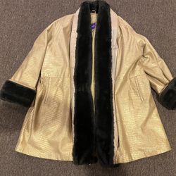 Women’s L Jacket Coat Pig leather gold faux brown fur gorgeous