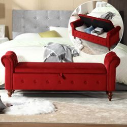 Red Button Tufted Storage Bench Upholstered 