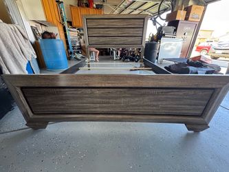 Dark Gray Wood-Tone Bed Queen Frame with Headboard