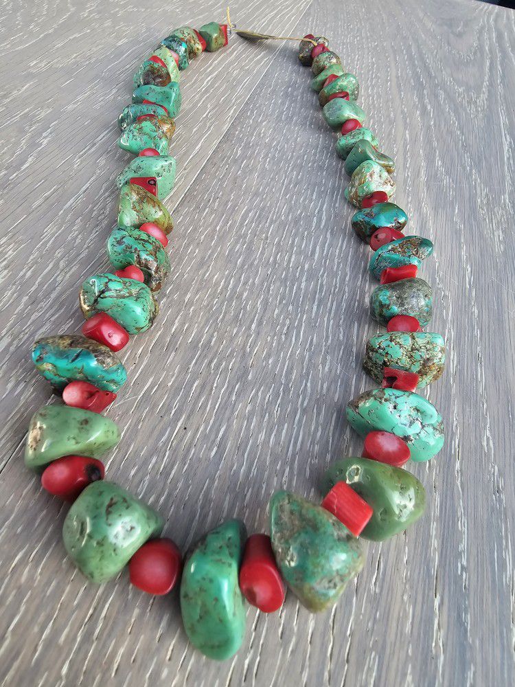 Turquoise and Red Coral Native American Navajo Southwestern Vintage Necklace 24"