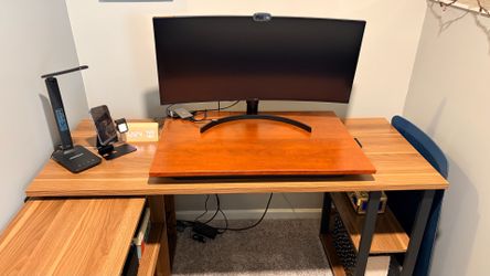 L-Shaped Computer Desk + Standing Desk Converter