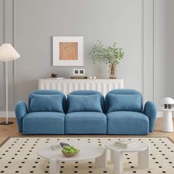 94" Teddy Couch for Living Room 3 Seat Teddy Fabric Sofa Curved Arm and Back Cozy Comfy Upholstery 3 Seater for Lounging Modern Blue( open box)