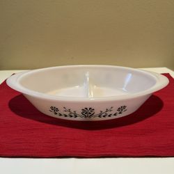 Glasbake Oval Divided Milk Glass Casserole Baking Dish Green Daisy