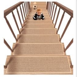 Non Slip Stair-Treads,Rubber Backing Stair-Runners for Wooden Steps,15PCS Residue Free Carpet Stair Treads for Kids and Dogs 8"x30" Beige